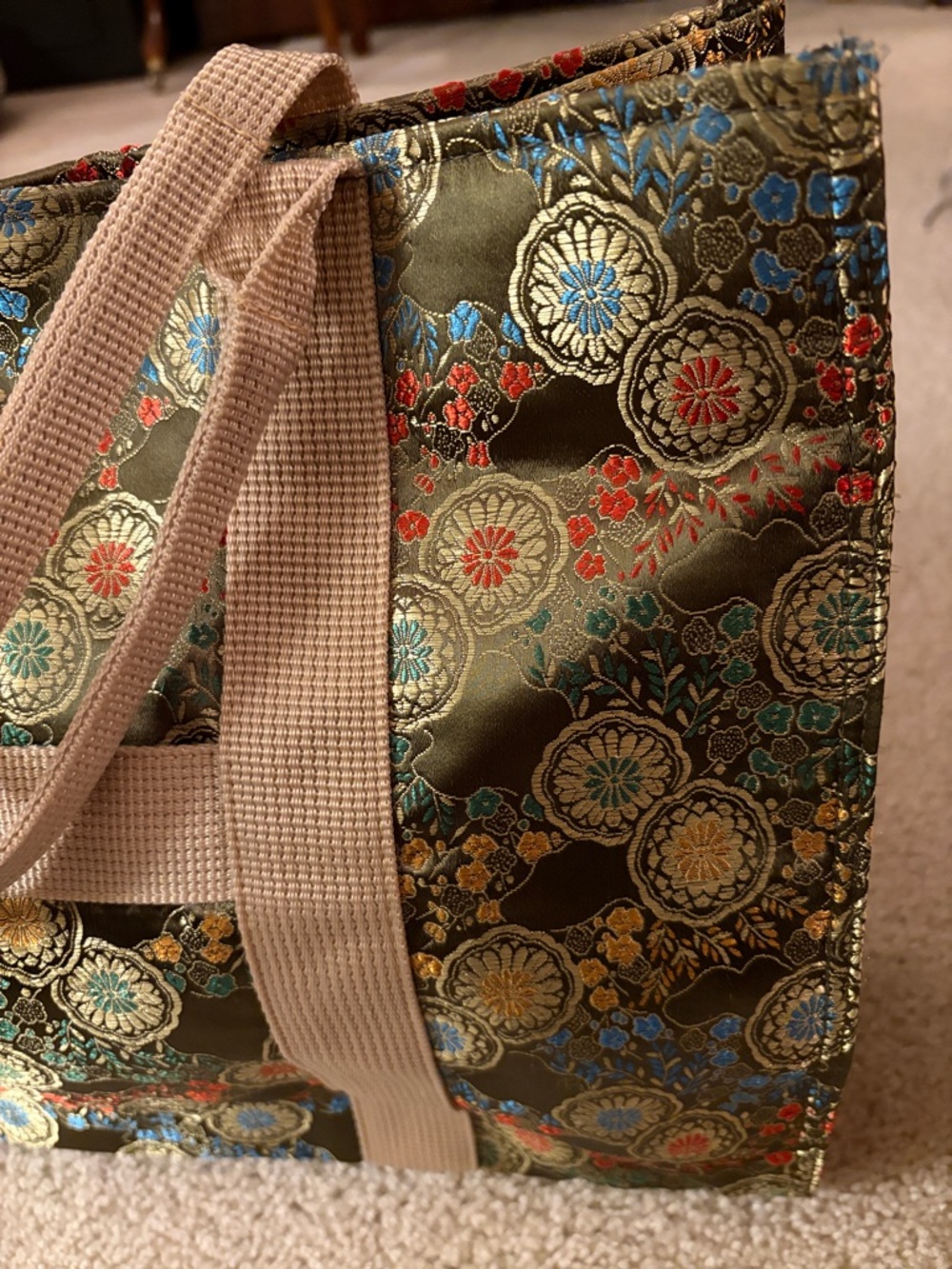 Oriental Olive Green Vibrant Floral Jacquard Satin Tote Bag with Beige Straps - Picture 4 of 16